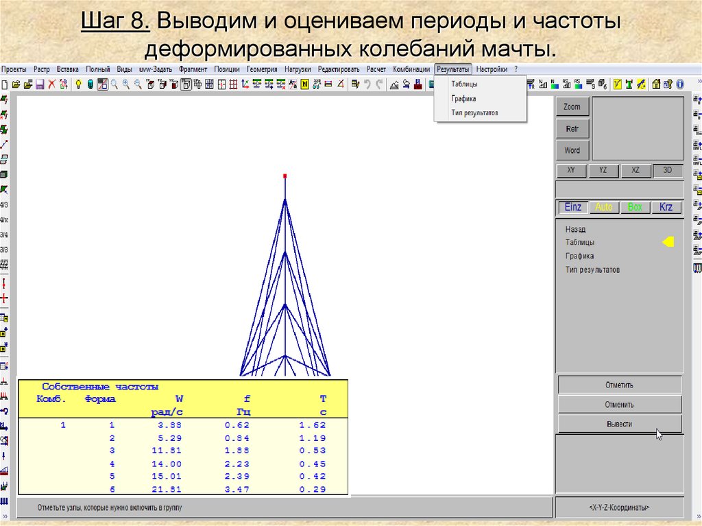Выводить шаг. Расчет нагрузки мачты. Частота колебания мачты. Частота собственных колебаний мачты. Форма собственных колебаний мачты.