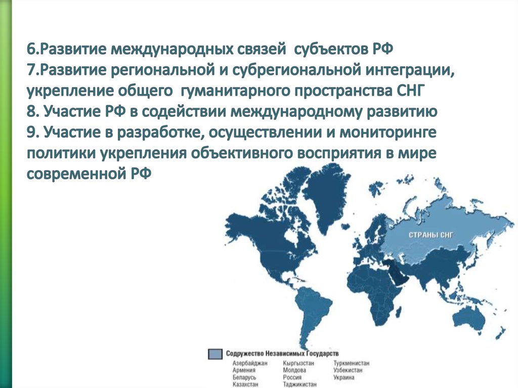 6.Развитие международных связей субъектов РФ 7.Развитие региональной и субрегиональной интеграции, укрепление общего