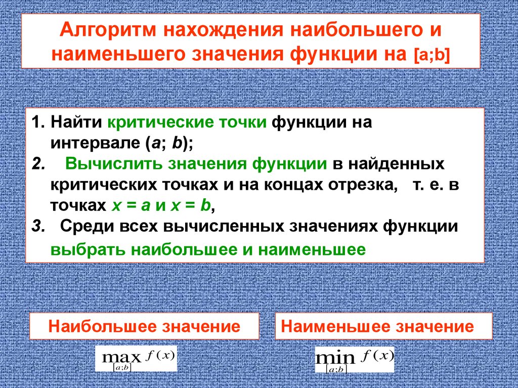 Выберите наибольшее и наименьшее. Алгоритм нахождения наибольшего значения функции на промежутке. Алгоритм нахождения наибольшего и наименьшего значения на отрезке. Алгоритм нахождения наибольшего и наименьшего значения функции. Алгоритм нахождения наибольшего и наименьшего.