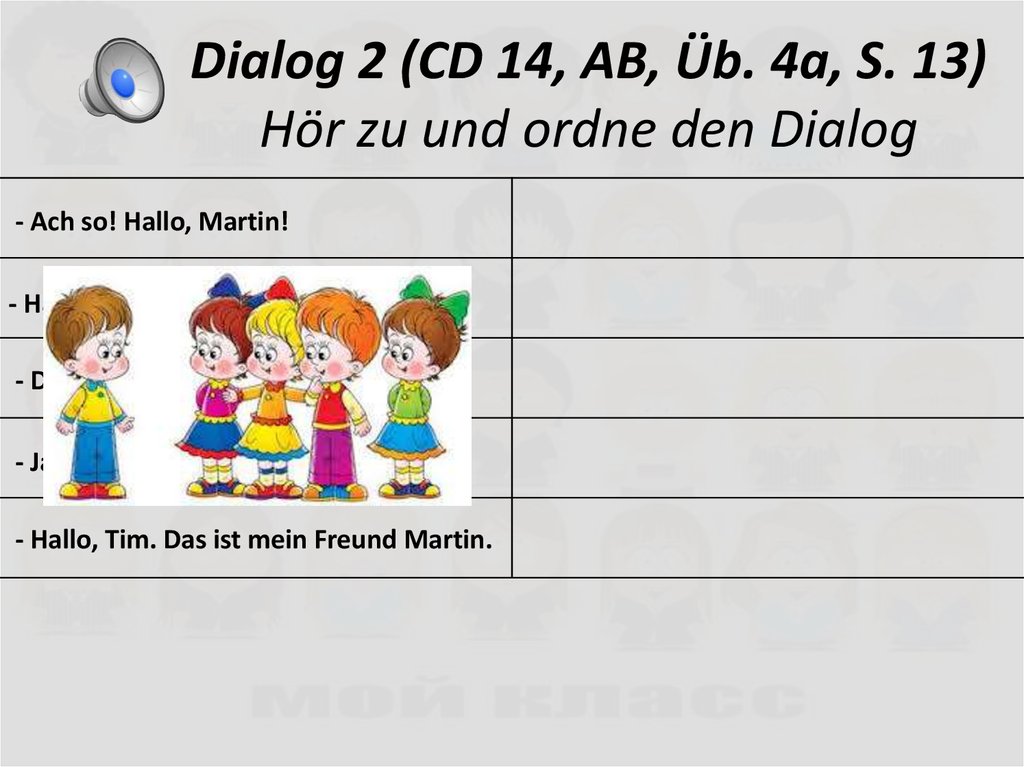 Dialog 2 (CD 14, AB, Üb. 4a, S. 13) Hör zu und ordne den Dialog