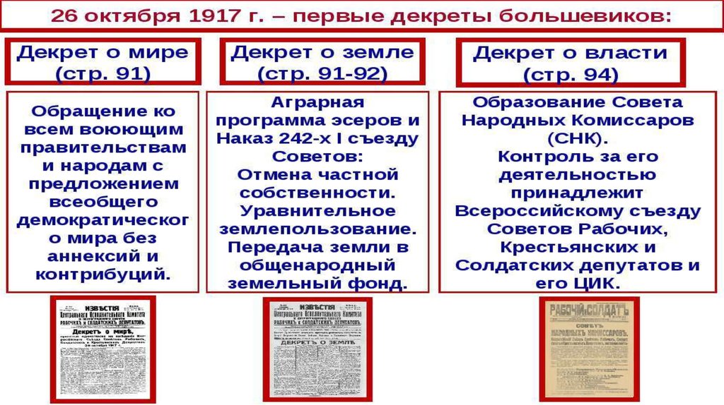 Первые декреты о власти. Декреты Большевиков 1917-1918 таблица. Декрет о власти 1917.