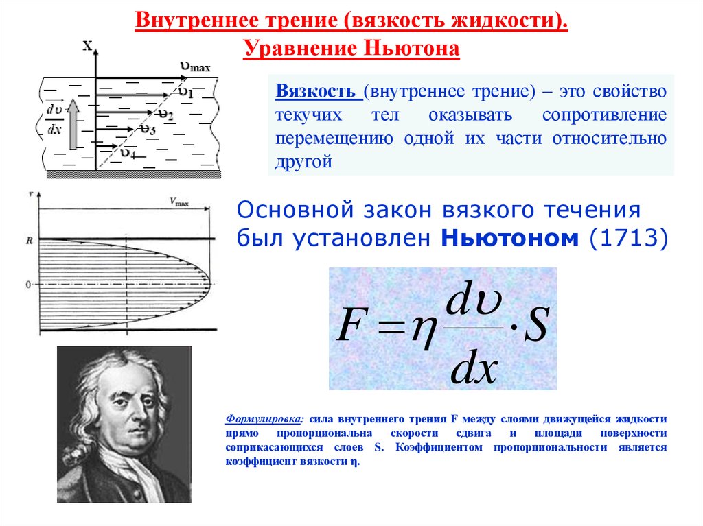 Вязкость жидкости. Закон Ньютона для вязкости жидкости. Уравнение Ньютона для течения жидкостей. Уравнение Ньютона для вязких жидкостей. Формула Ньютона вязкость жидкости.