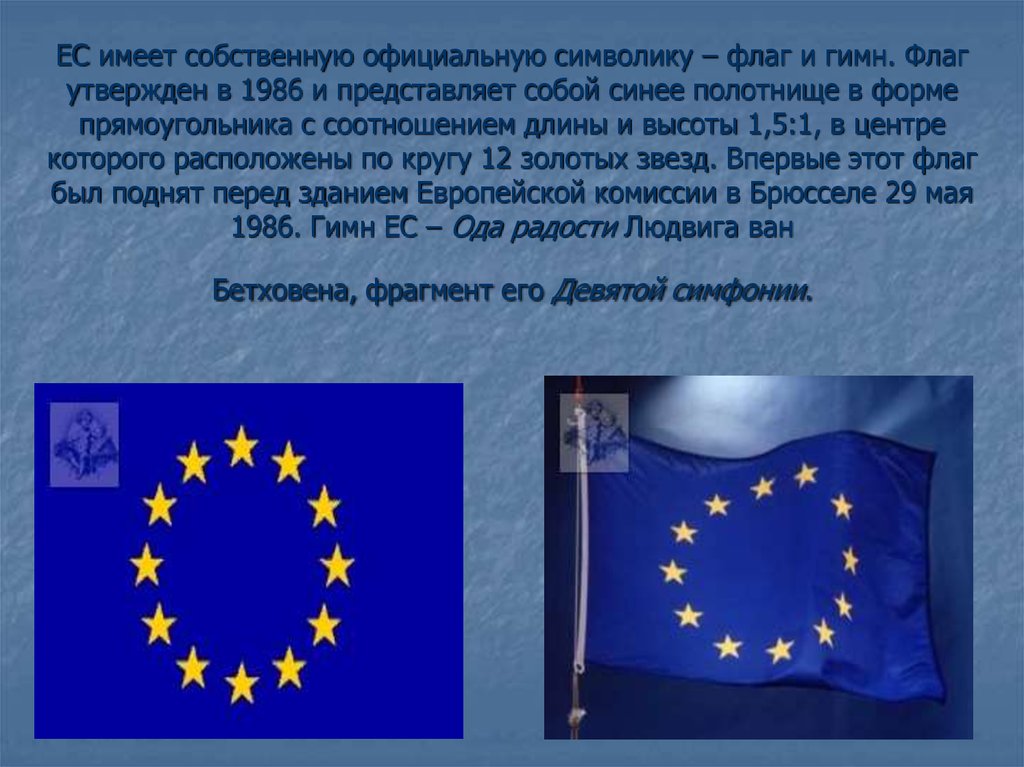 ЕС имеет собственную официальную символику – флаг и гимн. Флаг утвержден в 1986 и представляет собой синее полотнище в форме