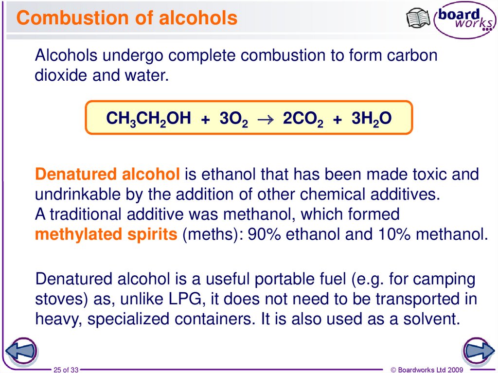 Combustion of alcohols