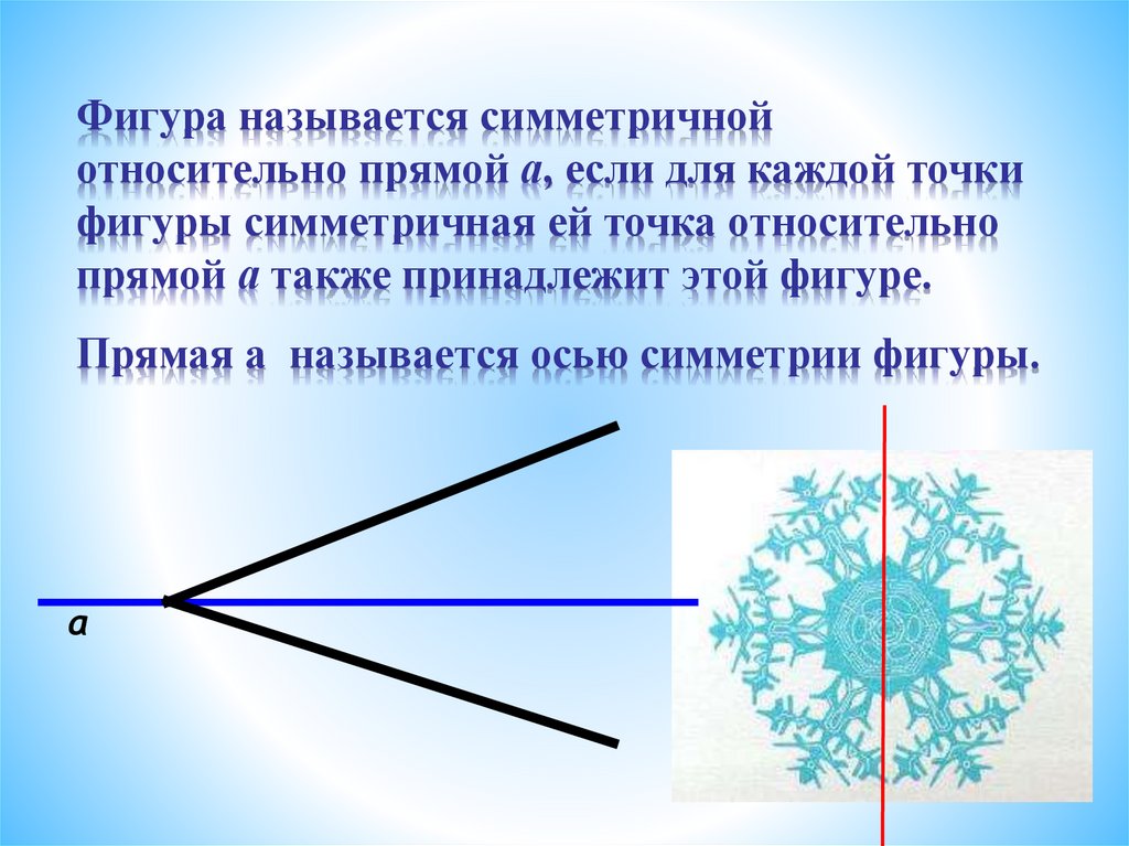 Ось симметрии снежинки. Осевая симметрия Снежинка. Фигура симметричная относительно прямой снежинки. Фигура называется симметричной относительно прямой а. Фигура симметричная относительно прямой а если для каждой.