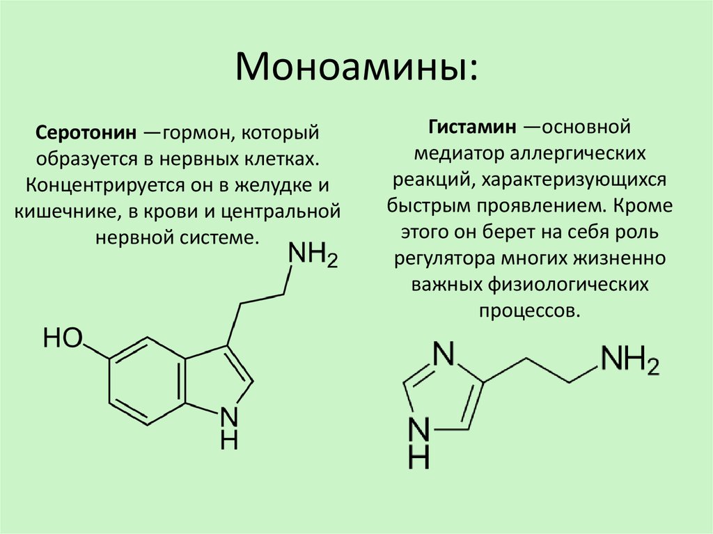 Адреналин кишечник. Гистамин дофамин серотонин. Моноамины нейромедиаторы. Гистамин гормон функции. Формула гормона серотонина.