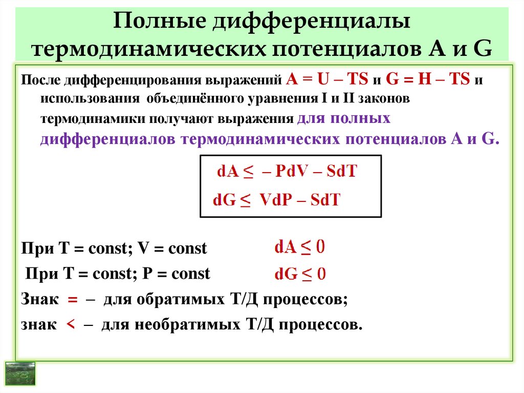 Полные дифференциалы термодинамических потенциалов A и G