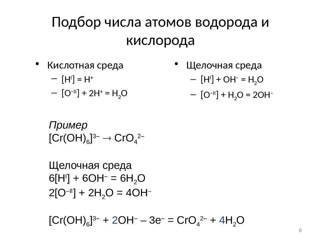 Подбор числа атомов водорода и кислорода