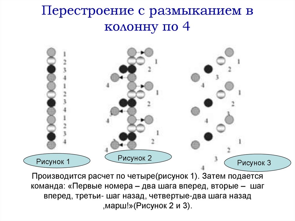 Производится расчет по четыре(рисунок 1). Затем подается команда: «Первые номера – два шага вперед, вторые – шаг вперед,