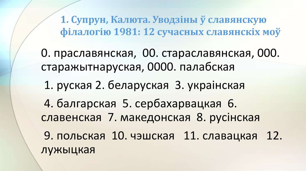 1. Супрун, Калюта. Уводзіны ў славянскую філалогію 1981: 12 сучасных славянскіх моў