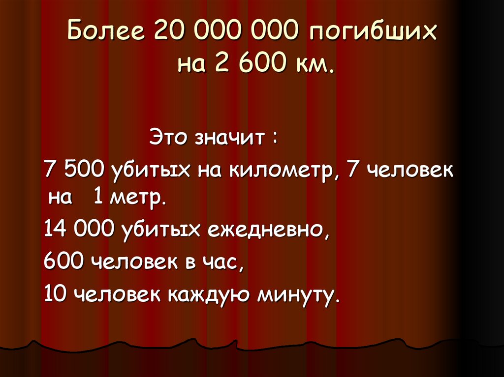 Более 20 000 000 погибших на 2 600 км.