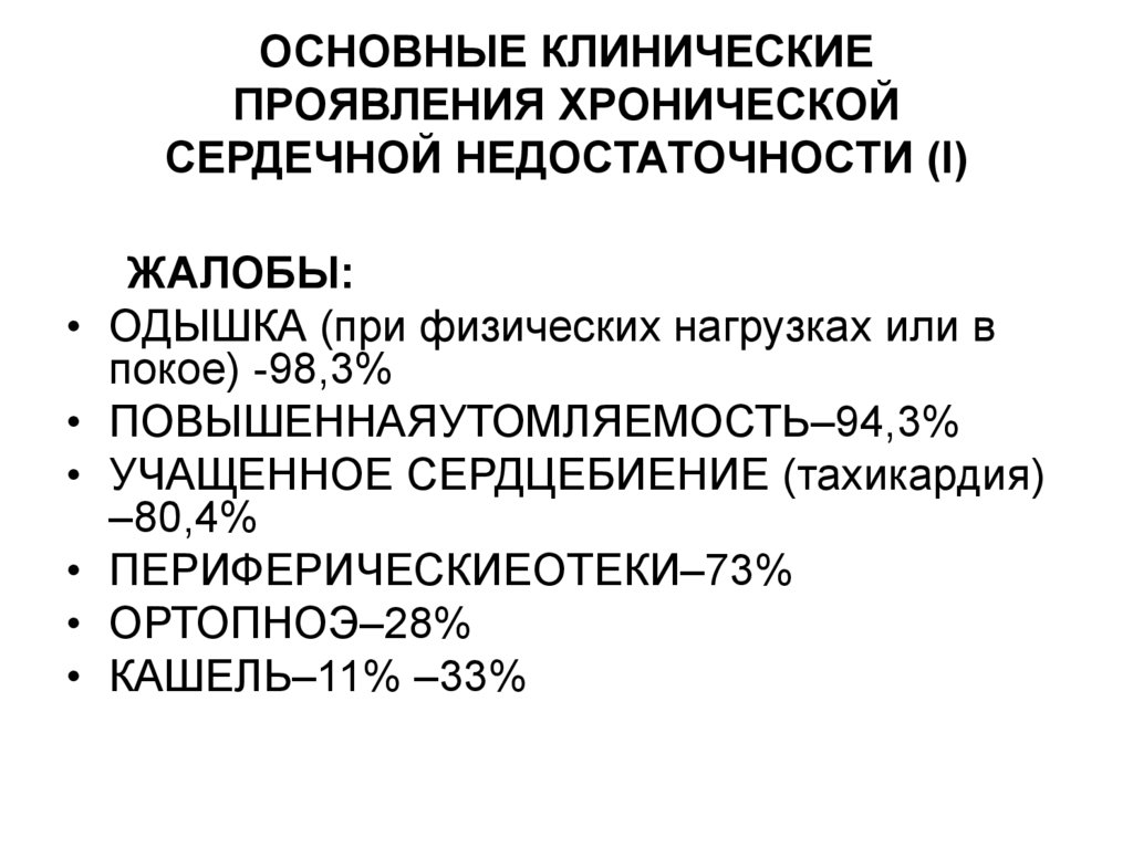 ОСНОВНЫЕ КЛИНИЧЕСКИЕ ПРОЯВЛЕНИЯ ХРОНИЧЕСКОЙ СЕРДЕЧНОЙ НЕДОСТАТОЧНОСТИ (I)