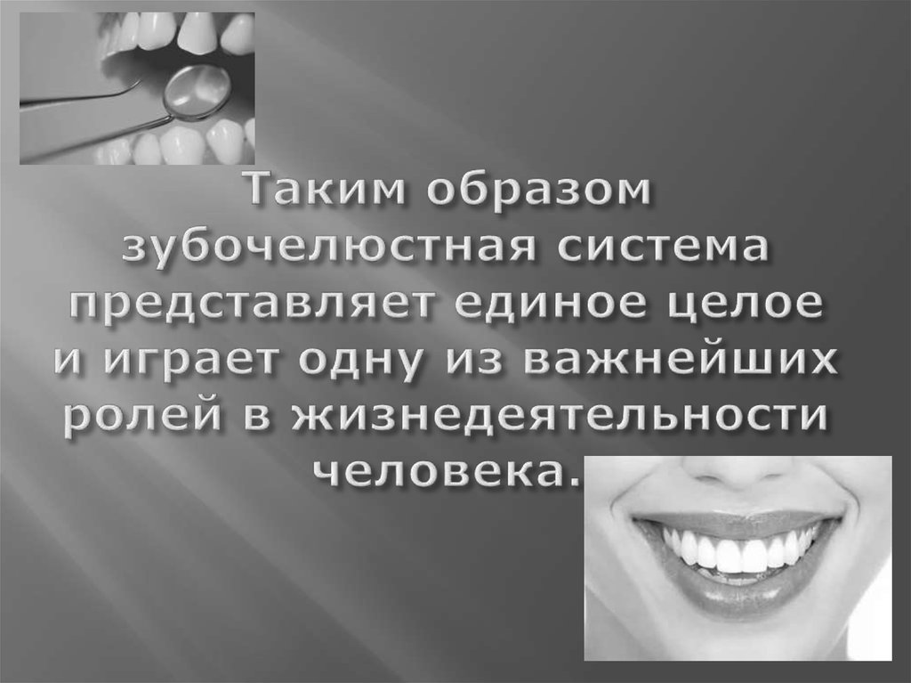 Таким образом зубочелюстная система представляет единое целое и играет одну из важнейших ролей в жизнедеятельности человека.