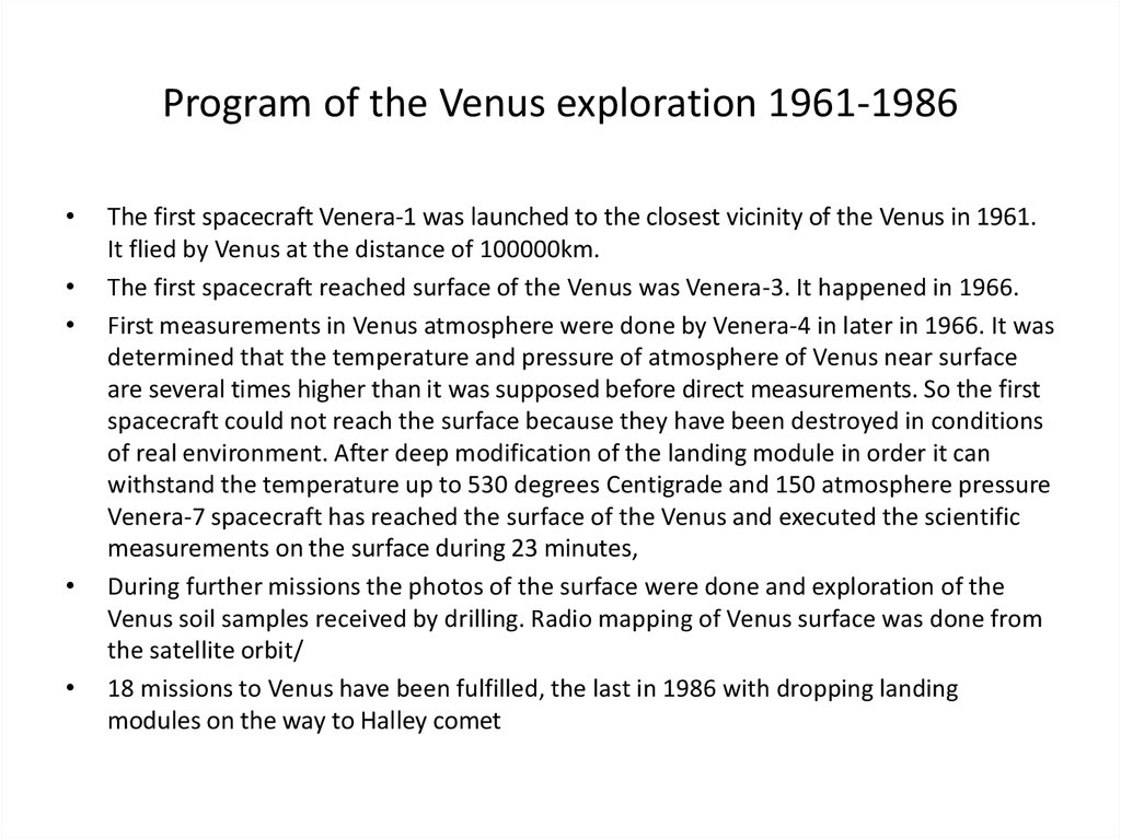 Program of the Venus exploration 1961-1986