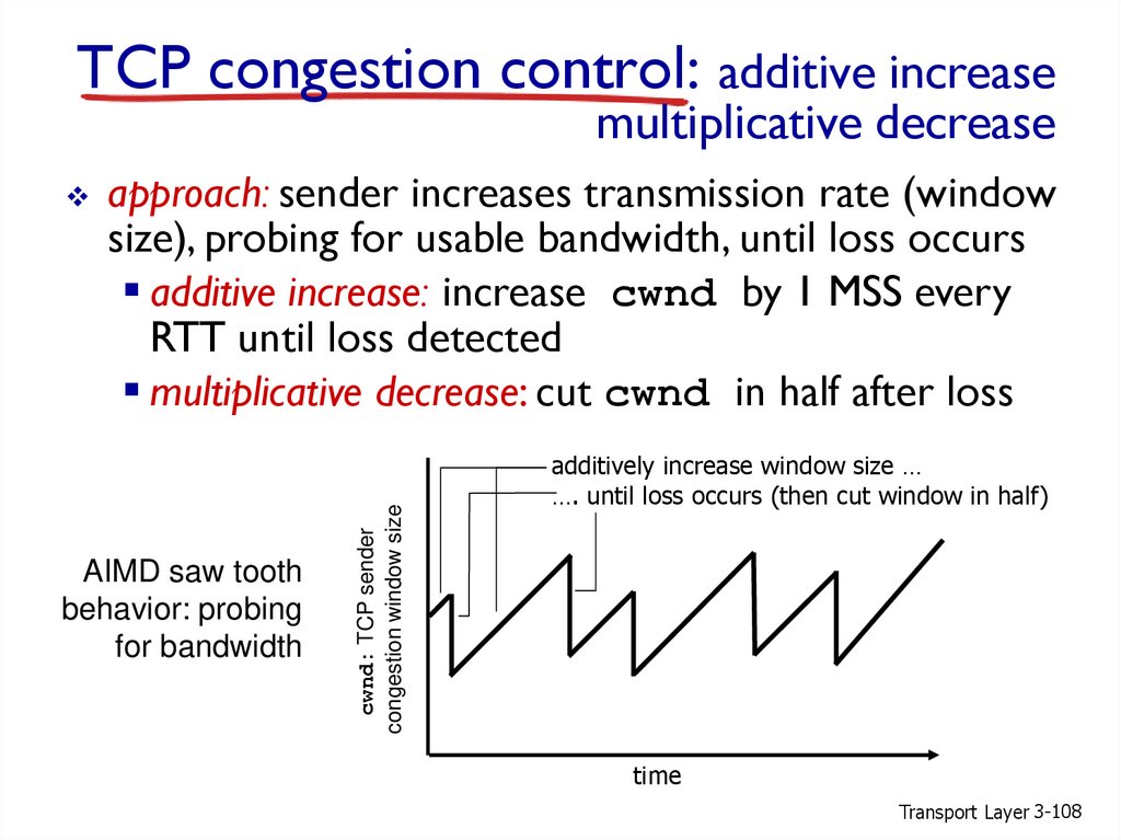 TCP congestion control: additive increase multiplicative decrease