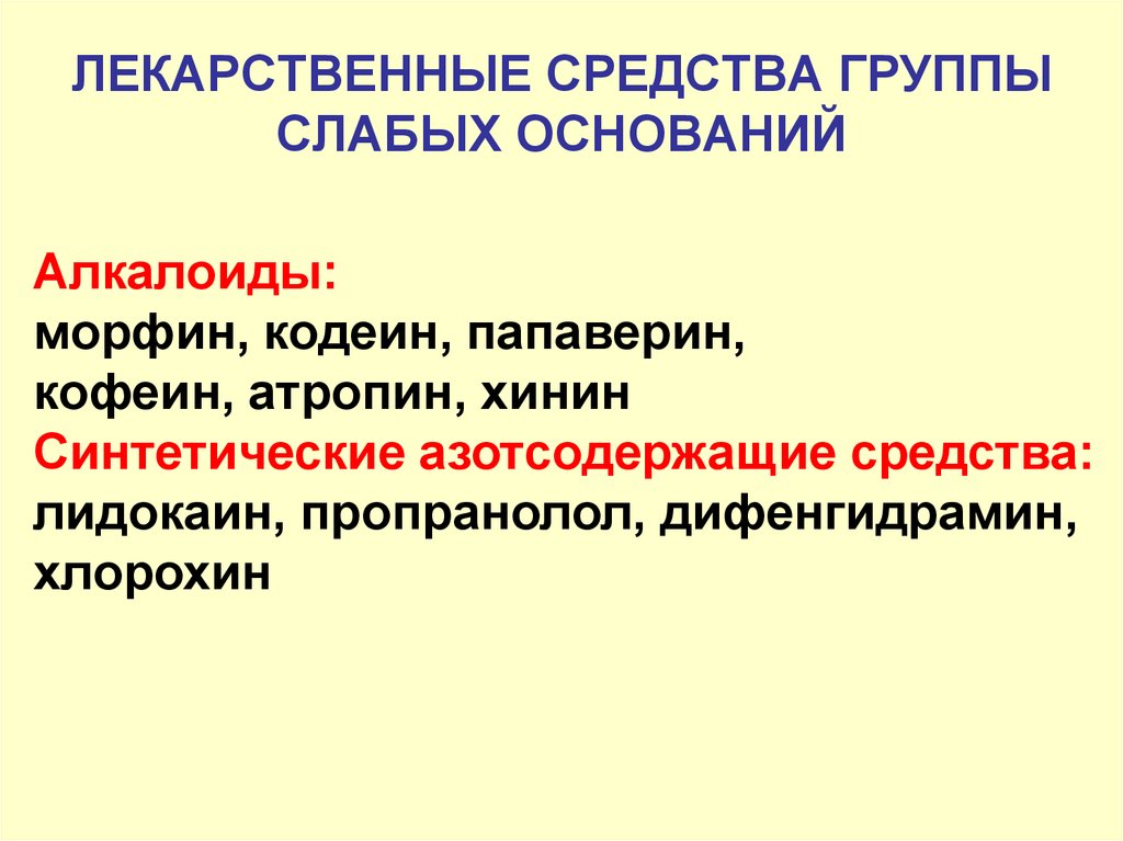 Хороший назначить. Препараты слабые основания. Лекарственные средства, являющиеся слабыми основаниями. Лекарственные вещества слабые основания. Основное место всасывания лекарств слабых оснований.