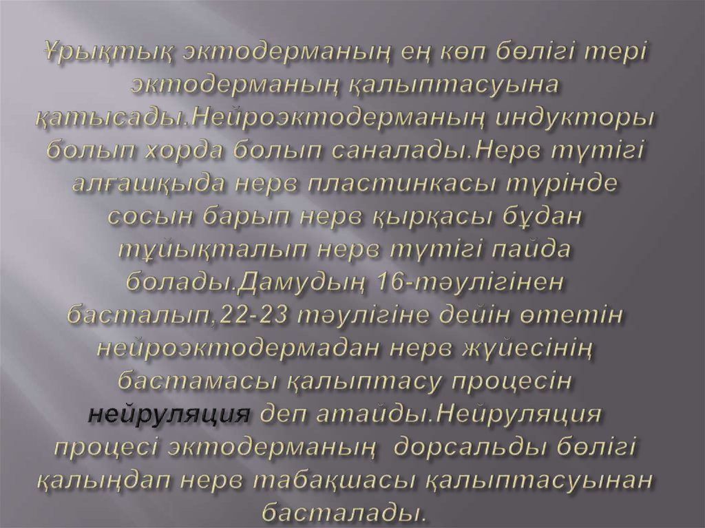 Ұрықтық эктодерманың ең көп бөлігі тері эктодерманың қалыптасуына қатысады.Нейроэктодерманың индукторы болып хорда болып