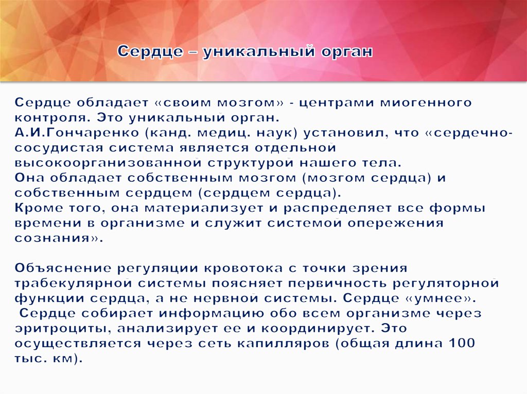 Сердце – уникальный орган Сердце обладает «своим мозгом» - центрами миогенного контроля. Это уникальный орган. А.И.Гончаренко