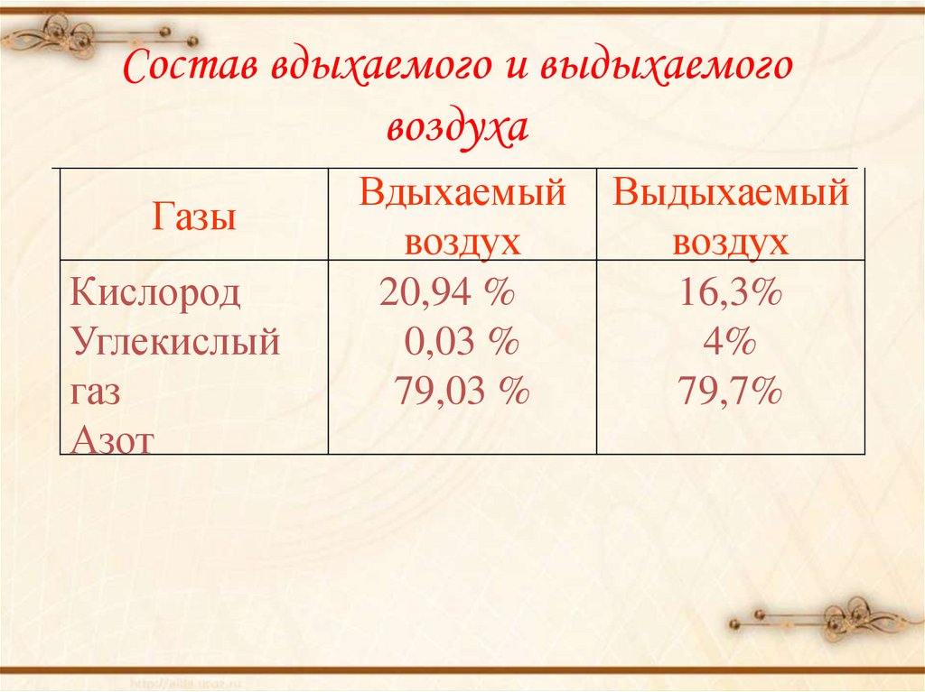 Как изменяется состав вдыхаемого и выдыхаемого воздуха