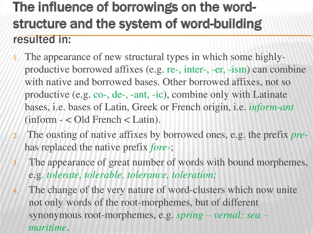 The influence of borrowings on the word-structure and the system of word-building resulted in: