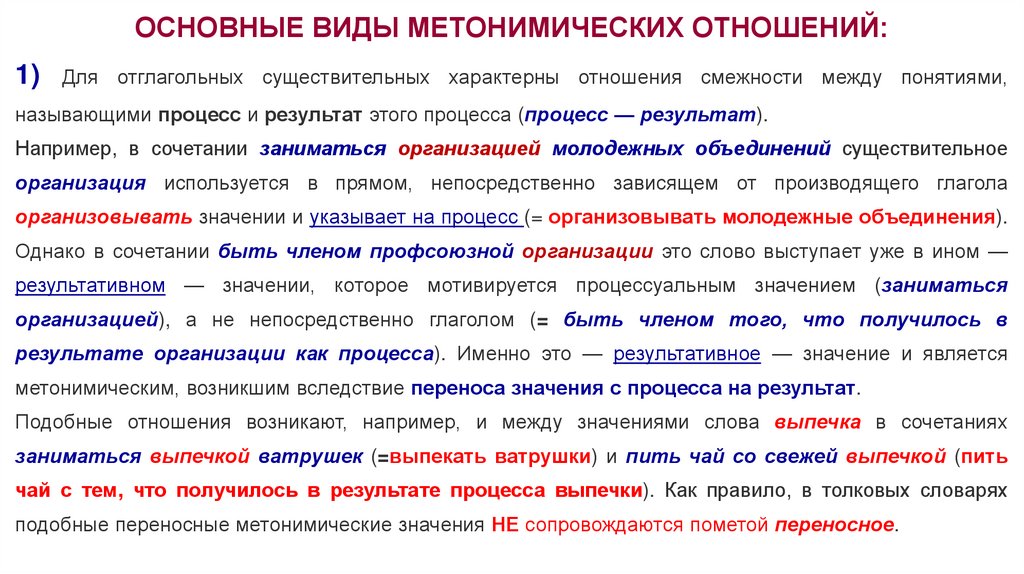 Отглагольные существительные например. Виды метонимического переноса. Основные лексические категории.. Отглагольные существительные характерны для письменной речи. Абстрактные отглагольные существительные.