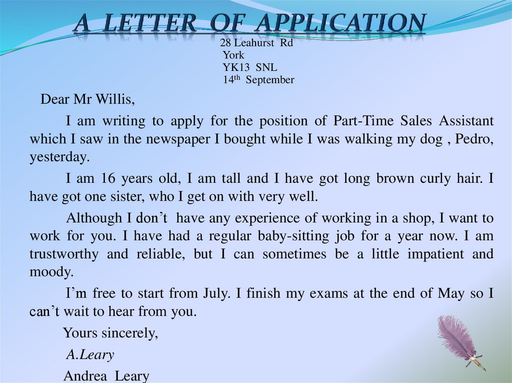 A LETTER OF APPLICATION