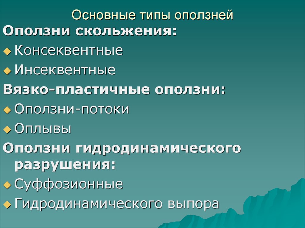 Причины возникновения оползней. Типы оползней. Консеквентные оползни. Основные причины оползней. Типы обвалов породы.