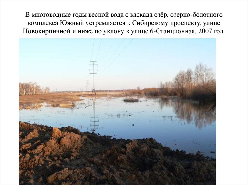 В многоводные годы весной вода с каскада озёр, озерно-болотного комплекса Южный устремляется к Сибирскому проспекту, улице