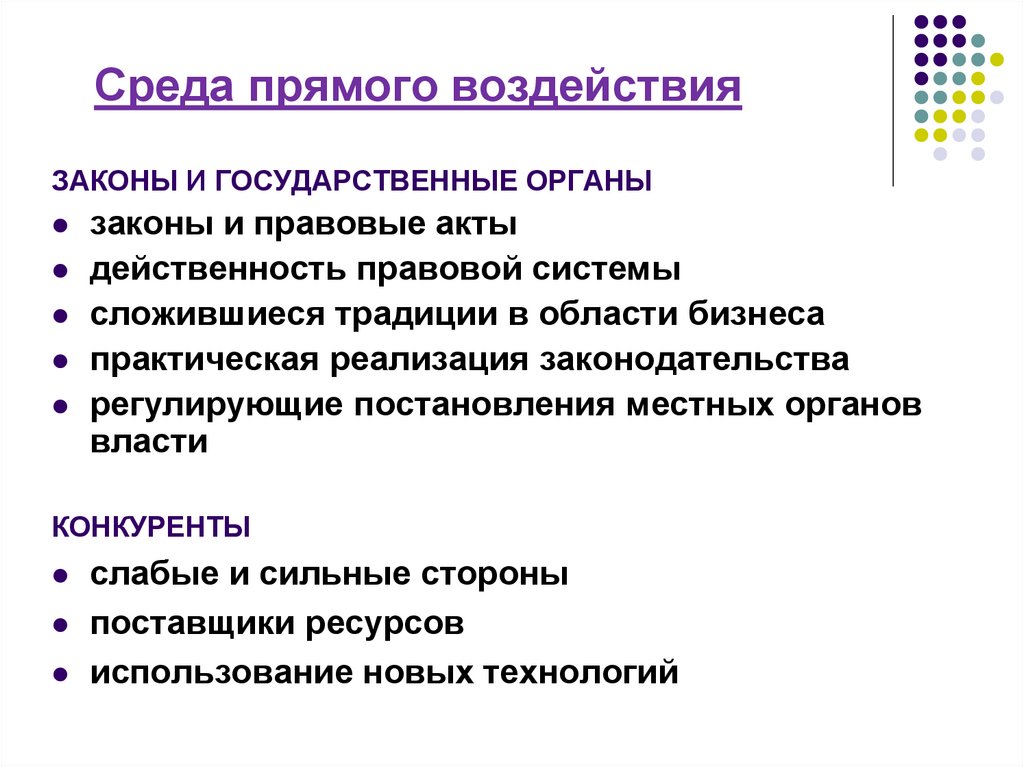 Прямое влияние на организацию оказывает. Среда прямого воздействия. Законы среда прямого воздействия. Прямые влияния. Локальная среда среда прямого воздействия.