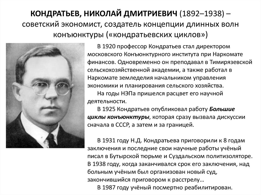 КОНДРАТЬЕВ, НИКОЛАЙ ДМИТРИЕВИЧ (1892–1938) – советский экономист, создатель концепции длинных волн конъюнктуры («кондратьевских