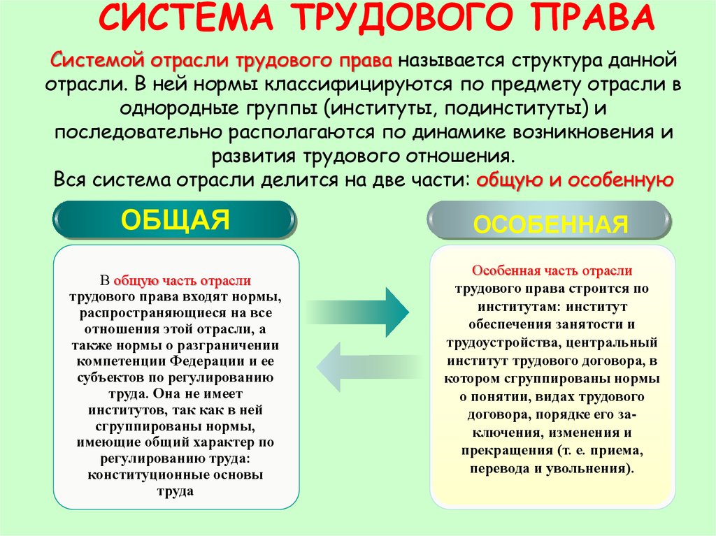 Право имеет общий характер. Институты общей и особенной части трудового законодательства. Отрасли трудового права. Система трудового законодательства. Трудовое право система.