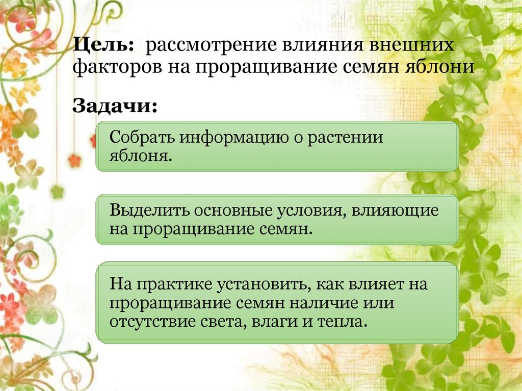 Цель рассматриваю. Воздействие внешних факторов на проращивание семян. Условия задания яблони метод эксперимента. Рассмотреть цели и задачи в костюме Цветочная феерия.