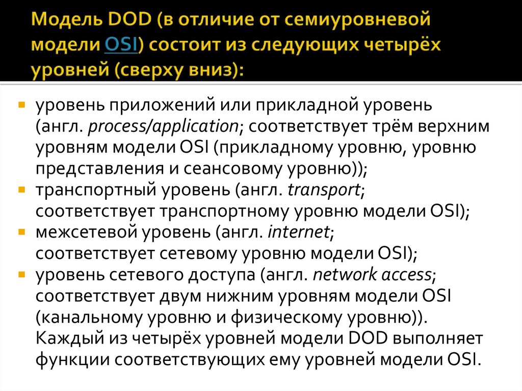 Модель DOD (в отличие от семиуровневой модели OSI) состоит из следующих четырёх уровней (сверху вниз):