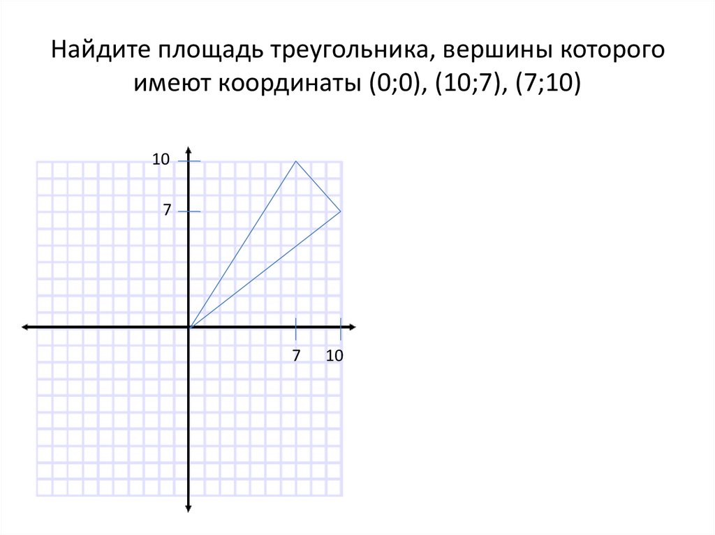 Найдите площадь треугольника, вершины которого имеют координаты (0;0), (10;7), (7;10)