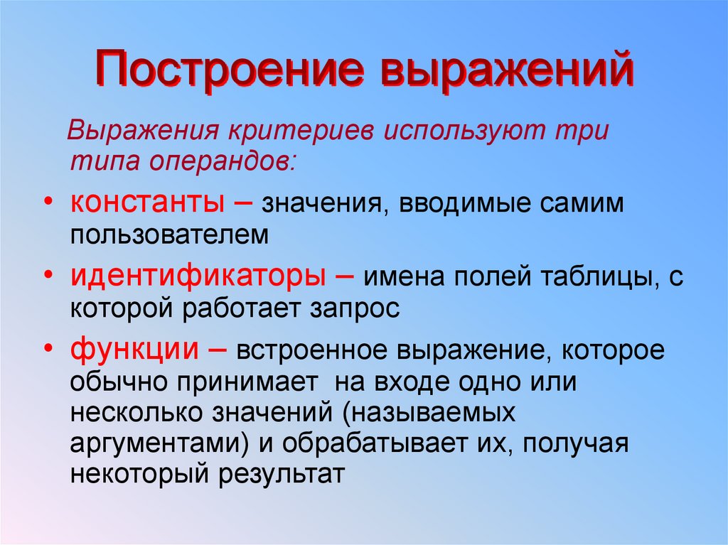 Вид выражения. Построение выражений. Построение фразы. Строим фразу. Какие операторы используются для построения выражений?.