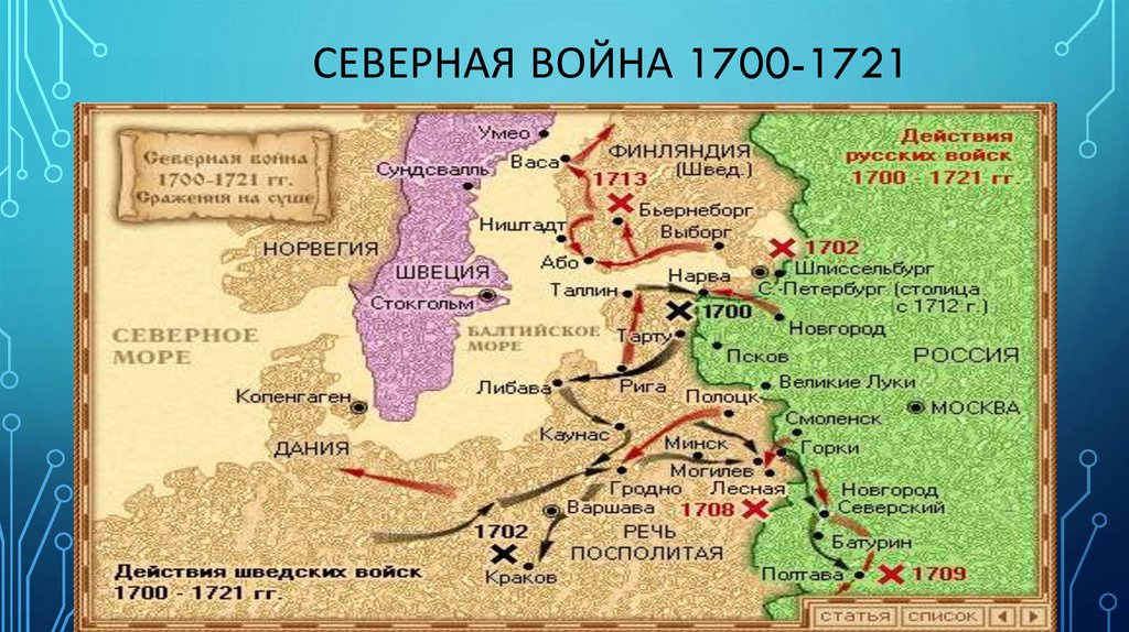 Основной противник россии в 17 веке. Карта Северной войны 1700-1721.