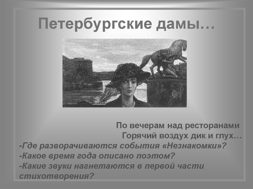 Незнакомка анализ. По вечерам над ресторанами горячий воздух Дик. По вечерам над ресторанами. Горячий воздух Дик и глух. Презентация по незнакомке.