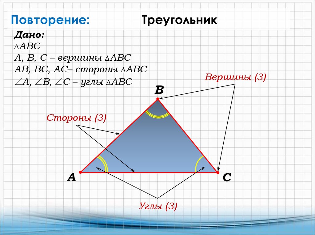 Презентация по геометрии 7 класс треугольники. Дано треугольник. Повторение треугольники. Вершина треугольника. Треугольник АБС вершины углы стороны.