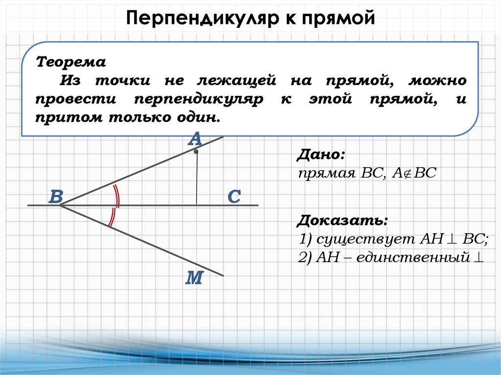 Провести перпендикуляр к точке отрезка. Теорема о перпендикуляре к прямой 7 класс. Доказательство теоремы перпендикуляр к прямой. Теорема о перпендикуляре к прямой 7 класс геометрия. Теорема о единственности перпендикуляра к прямой.