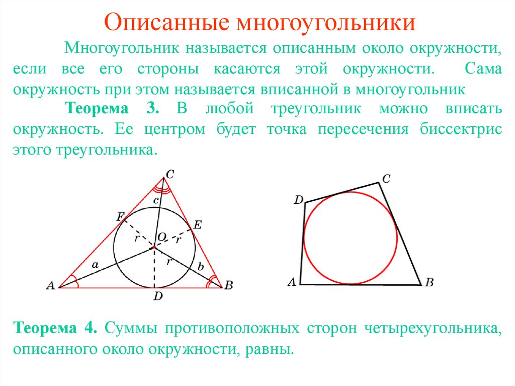 Какую окружность называют вписанной в треугольник. Описанная окружность теория. Вписанный и описанные Многоуголники. Вписанная и описанная окружность. Вписанный и описанный многоугольник в окружность.