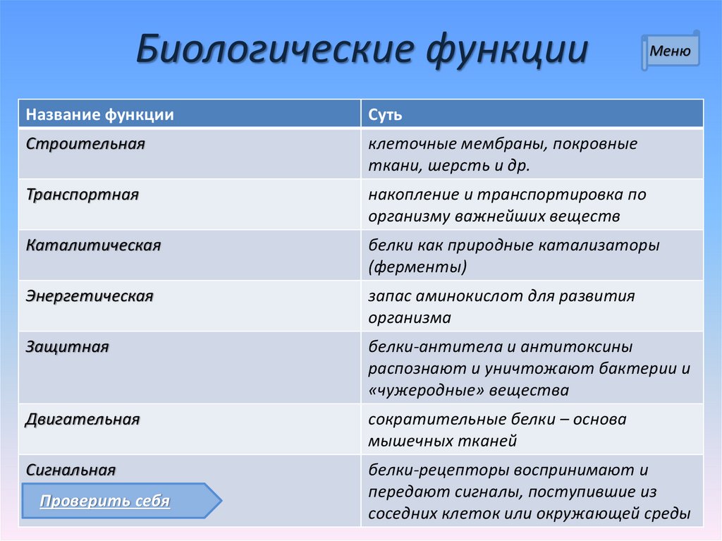 Выберите функций белков