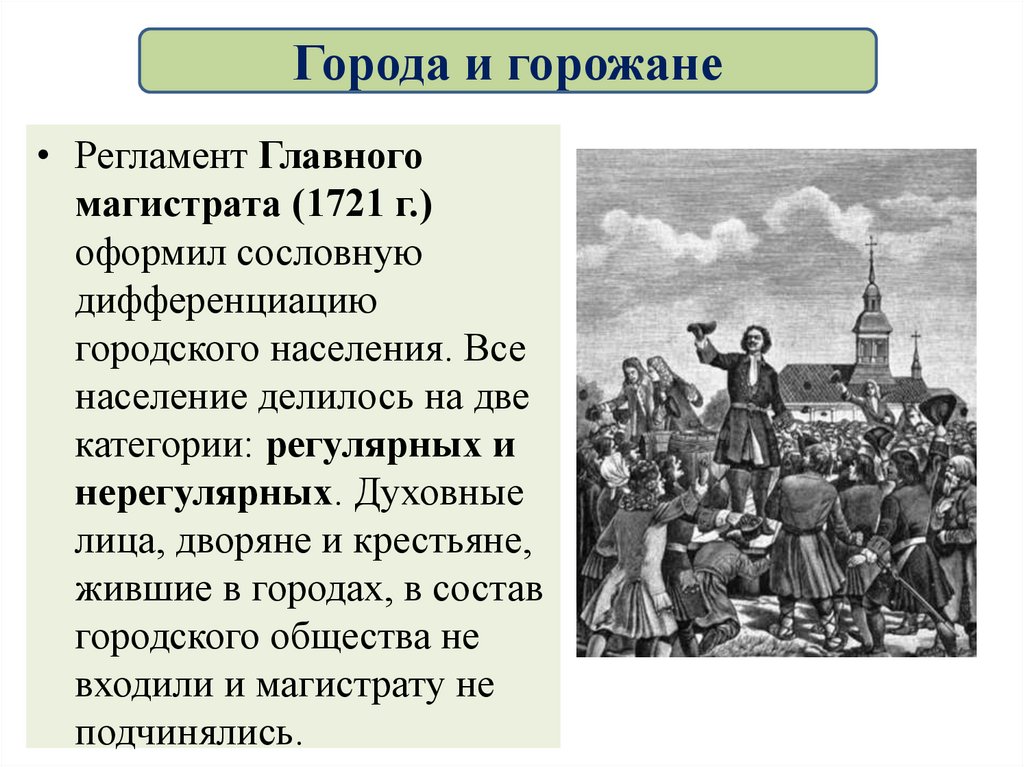 Особенно г. Регламент главному магистрату 1721 г. Регламент главного магистрата. Города и горожане при Петре 1. Российское общество в Петровскую эпоху.