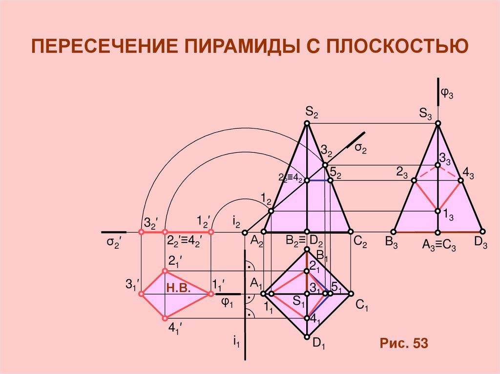 Найти сечение поверхности плоскостью. Пересечение поверхностей плоскостью пирамида 4 грани. Пересечение пирамиды проецирующей плоскостью. Пересечение пирамиды плоскостью Начертательная геометрия. Пересечение поверхности пирамиды проецирующей плоскостью.