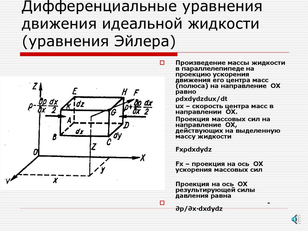 Уравнение идеальной жидкости. Уравнение движения идеальной жидкости Эйлера. Дифференциальные уравнения движения жидкости Эйлера. Дифференциальные уравнения Эйлера движения идеальной жидкости. Дифференциальное уравнение равновесия жидкости.