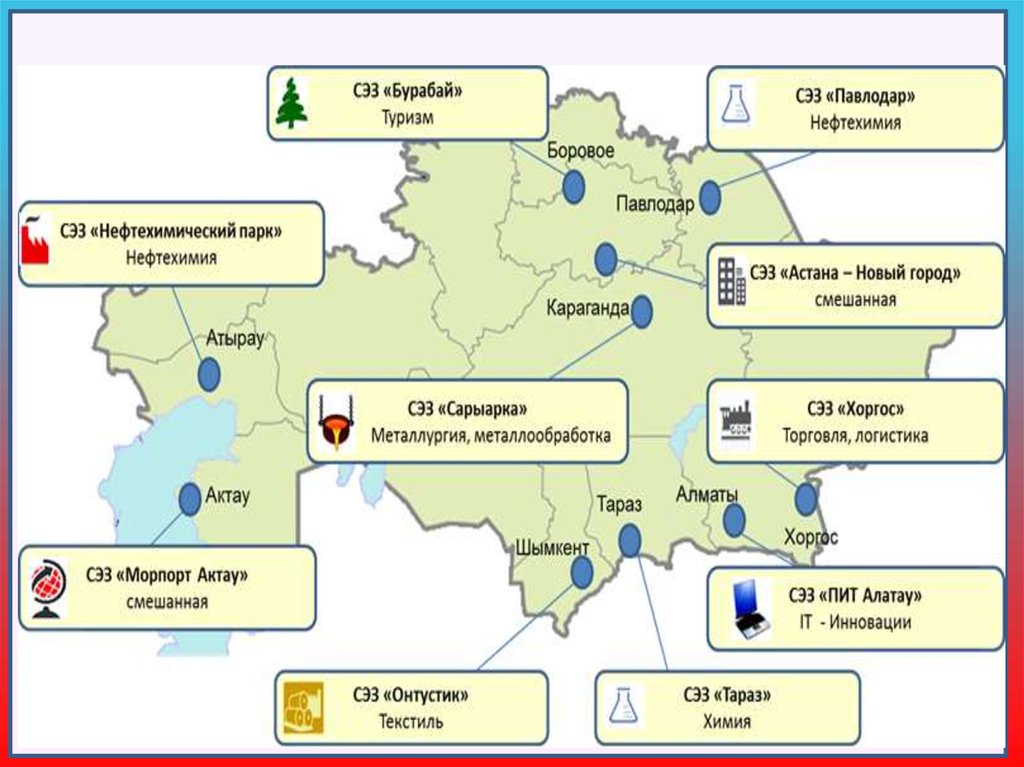 Какие города оказали. Свободные экономические зоны Казахстан карта. Специальные экономические зоны Казахстана. СЭЗ Казахстана на карте. Промышленные зоны Казахстана.