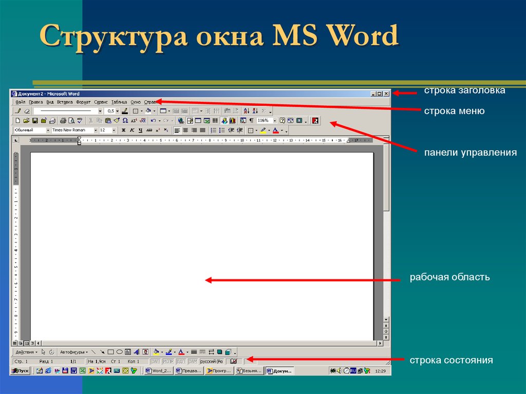 Структура окна текстового процессора MS Word. Структура окна Microsoft Word. Рабочее окно word