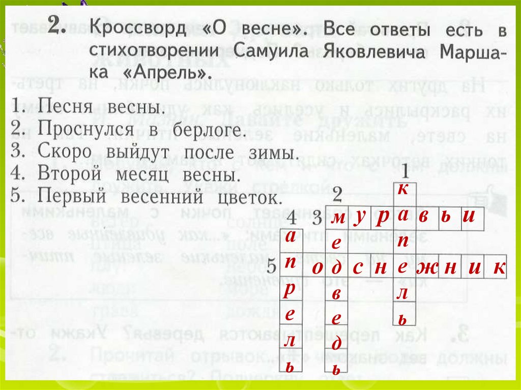 Кроссворд пришвин. Маршак апрель презентация 1 класс школа 21 века. Вопросы о рассказе Лесной капель с ответами.