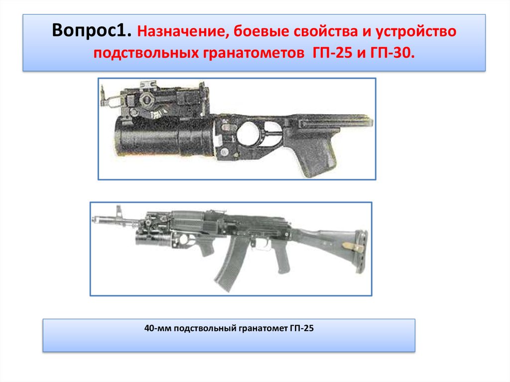Вопрос1. Назначение, боевые свойства и устройство подствольных гранатометов ГП-25 и ГП-30.
