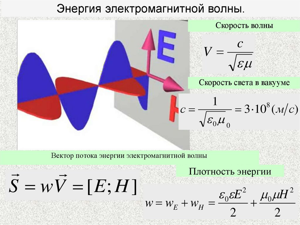 Энергия волны. Поток энергии электромагнитной волны формула. Плотность потока энергии электромагнитной волны. Формула потока электромагнитной энергии. Объемная плотность электромагнитной волны.