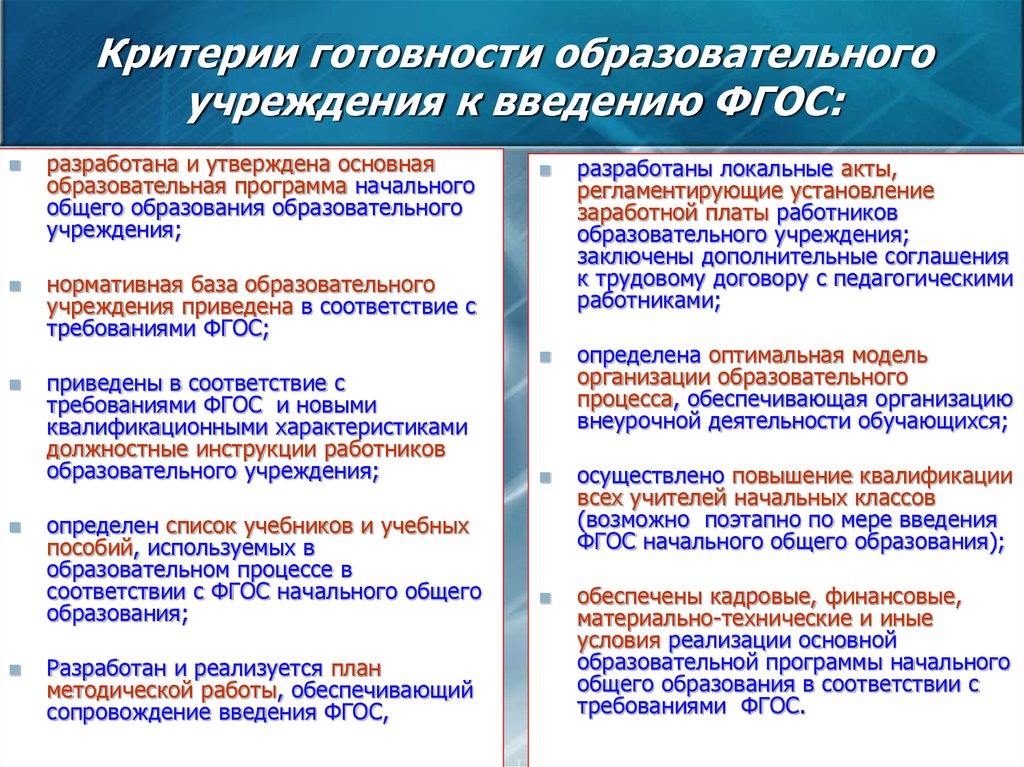 Условия введения обновленных фгос. Критерии готовности образовательного учреждения к введению ФГОС. Учреждения основного общего образования. Основные общеобразовательный программы утверждаются. Критерии организации образования.